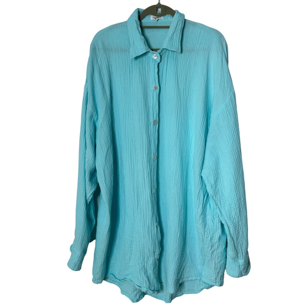 Vitamin A Oversized Gauze Cotton Button Down Beach Shirt Womens XXL Aqua Blue